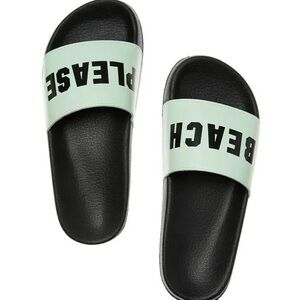 VICTORIA'S SECRET PINK "Beach Please" Single Strap Slides Sz M 7-8 Green & Black